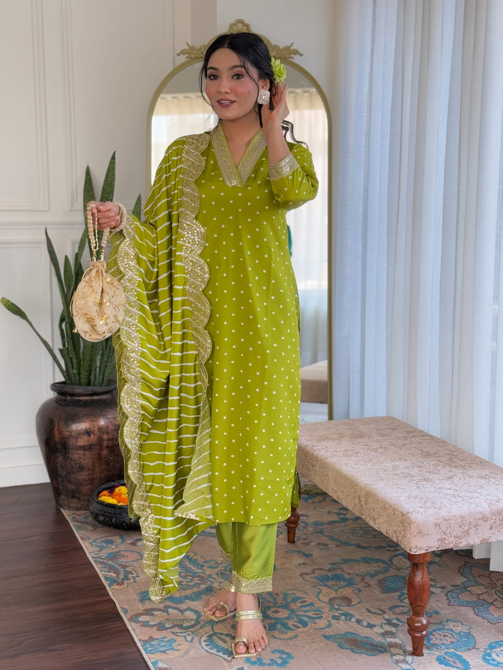 Traditional Viscose Suit Set with Embroidered Muslin Dupatta