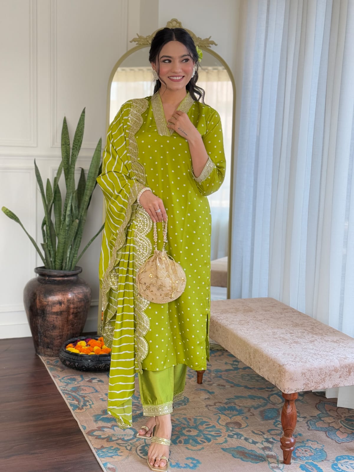 Traditional Viscose Suit Set with Embroidered Muslin Dupatta