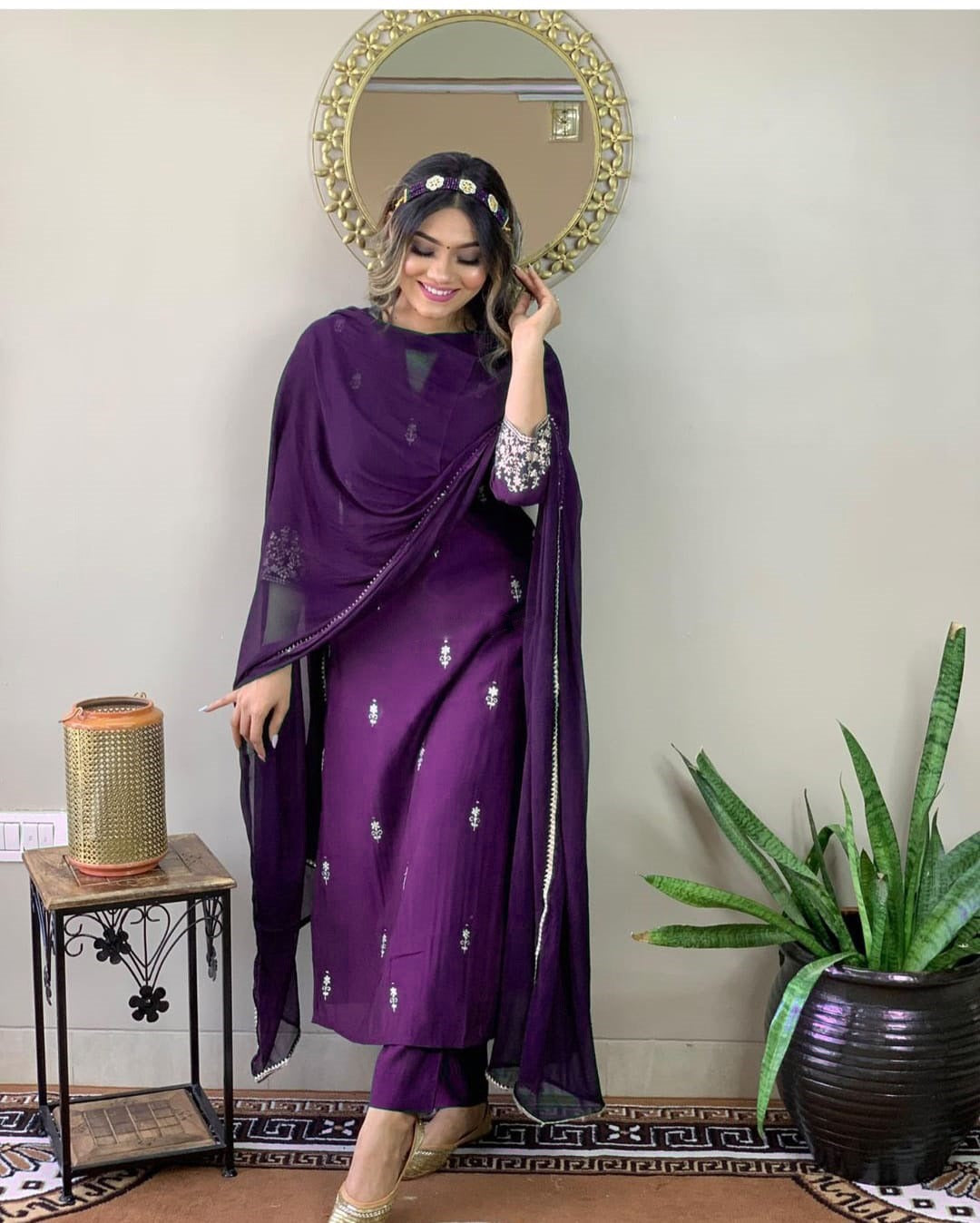 Elegant Purple Rayon Salwar Suit with Embroidered Chiffon Dupatta