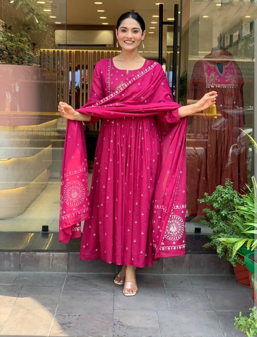 Magenta Pink Cotton Anarkali Suit with Mirror Work - Flared Kurta Dupatta Set