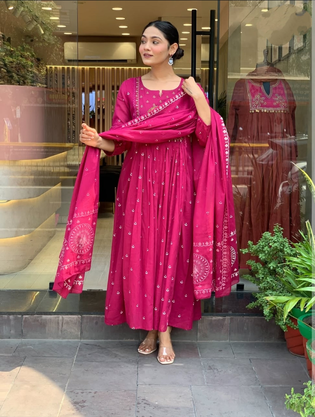 Magenta Pink Cotton Anarkali Suit with Mirror Work - Flared Kurta Dupatta Set