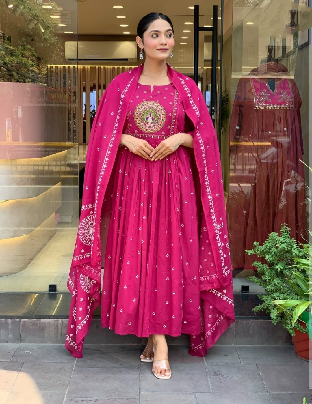 Magenta Pink Cotton Anarkali Suit with Mirror Work - Flared Kurta Dupatta Set