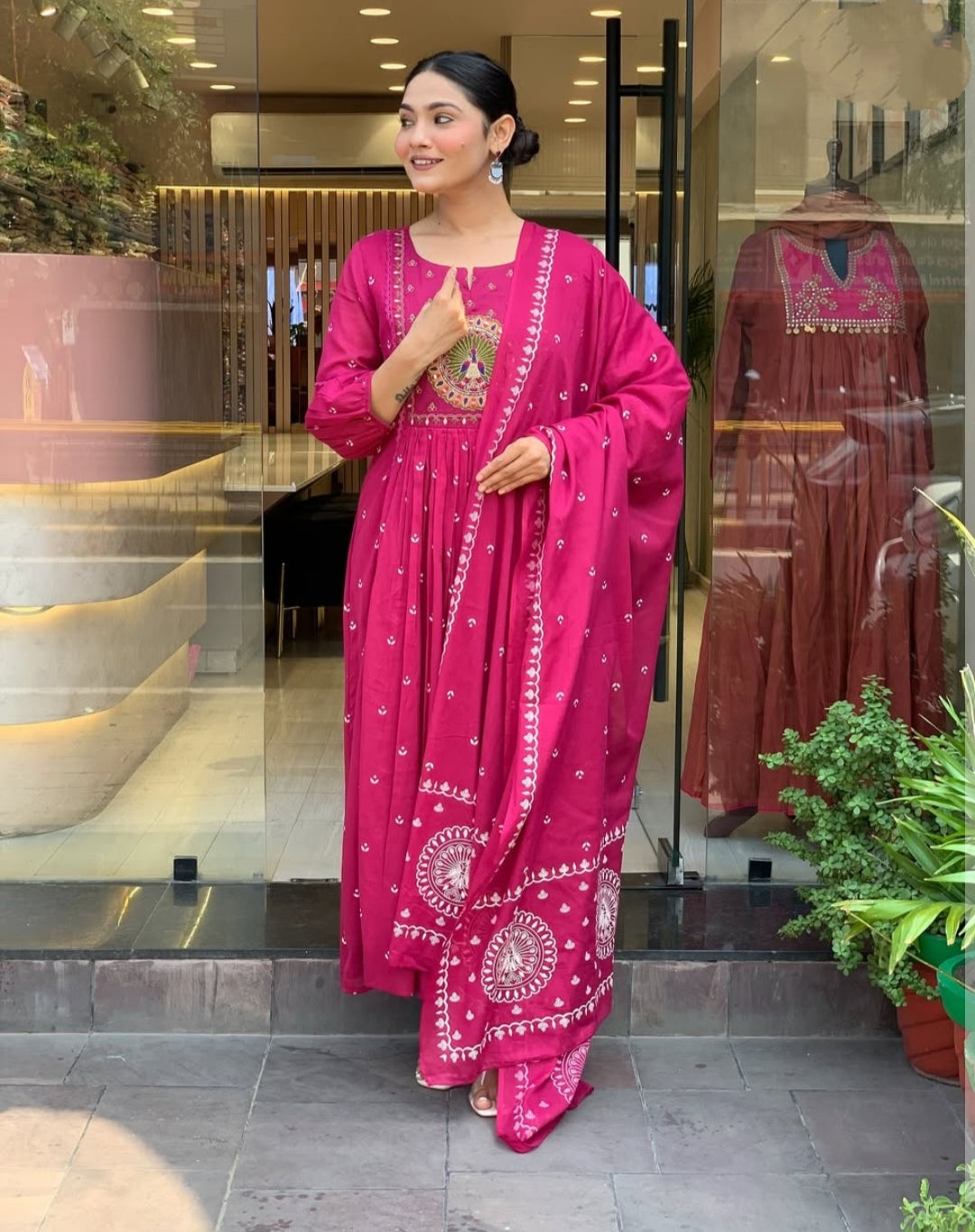 Magenta Pink Cotton Anarkali Suit with Mirror Work - Flared Kurta Dupatta Set