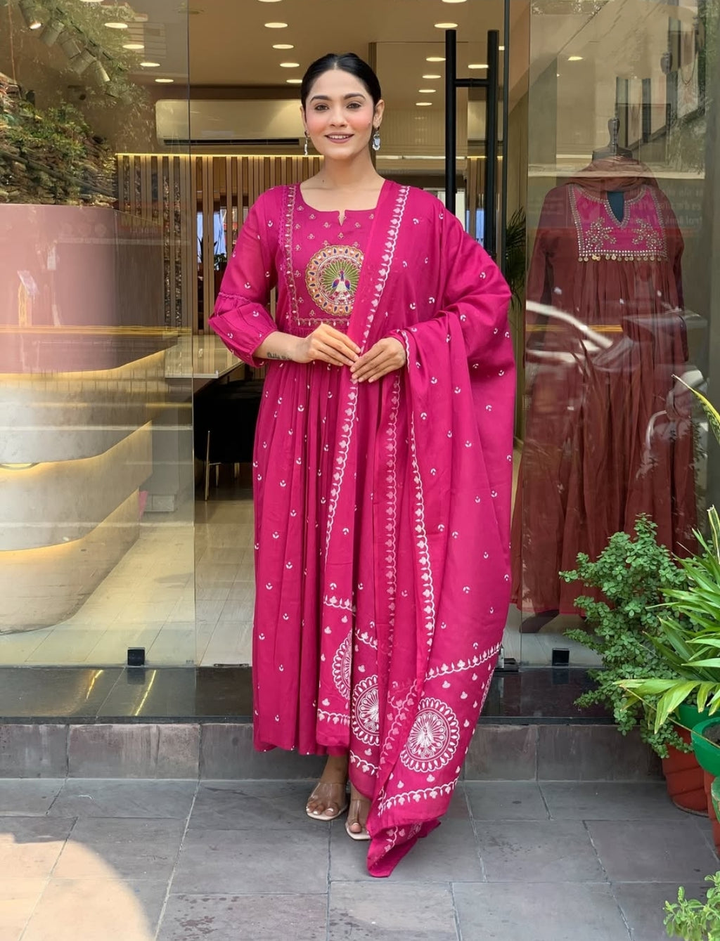 Magenta Pink Cotton Anarkali Suit with Mirror Work - Flared Kurta Dupatta Set