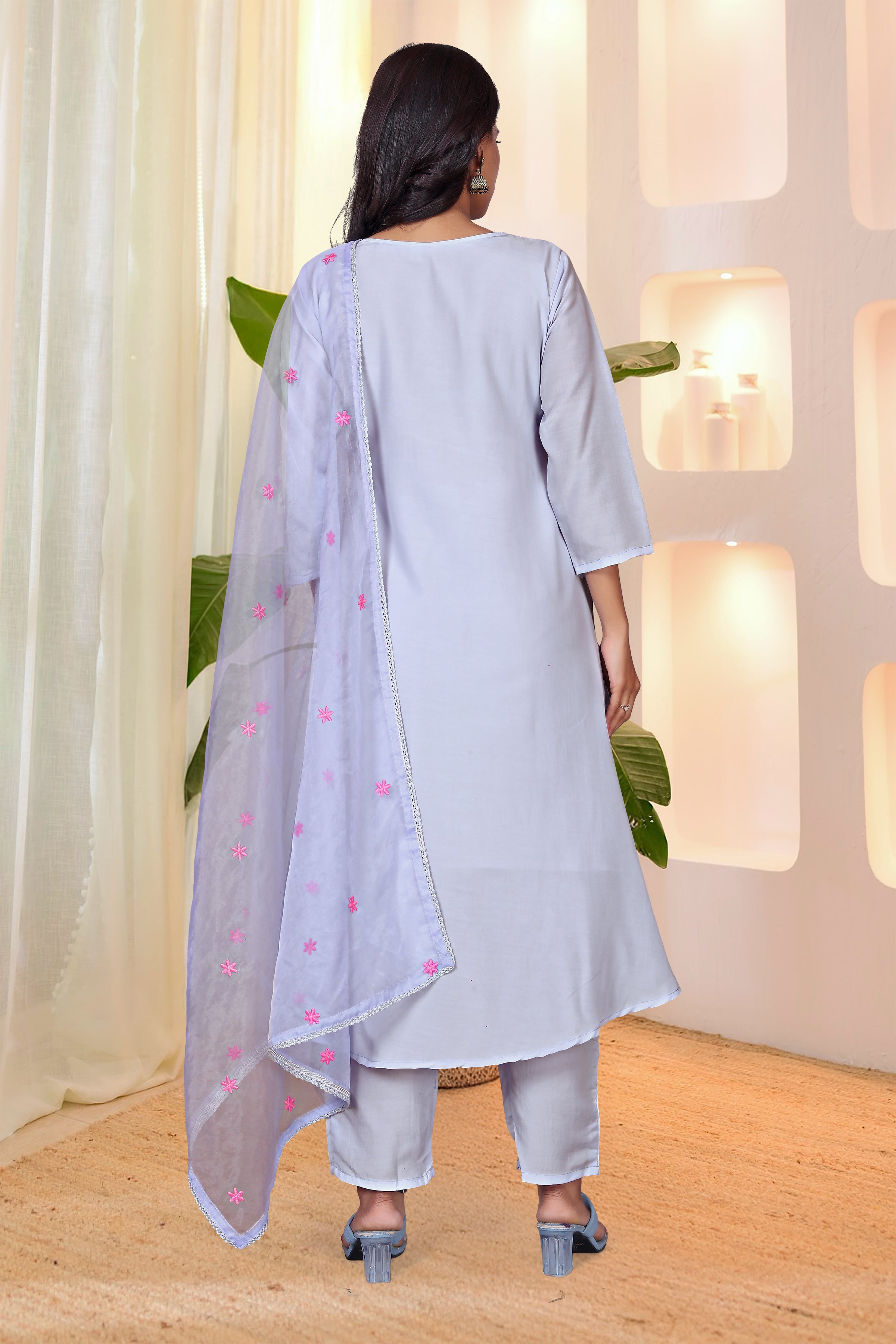 Silk Kurta Set with Floral Embroidery - Gathered Anarkali Style