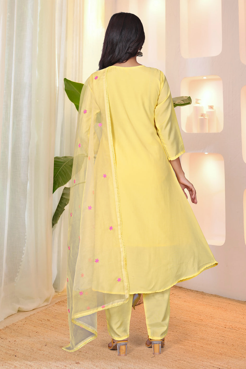 Silk Kurta Set with Floral Embroidery - Gathered Anarkali Style