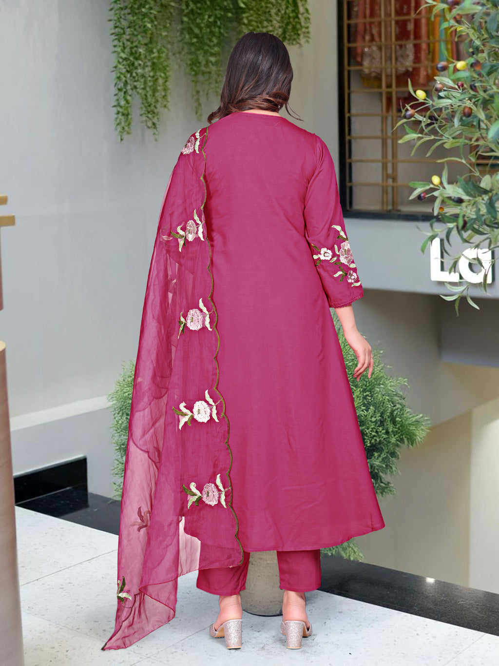 Magenta Rose Floral Embroidered Kurta Dupatta Set