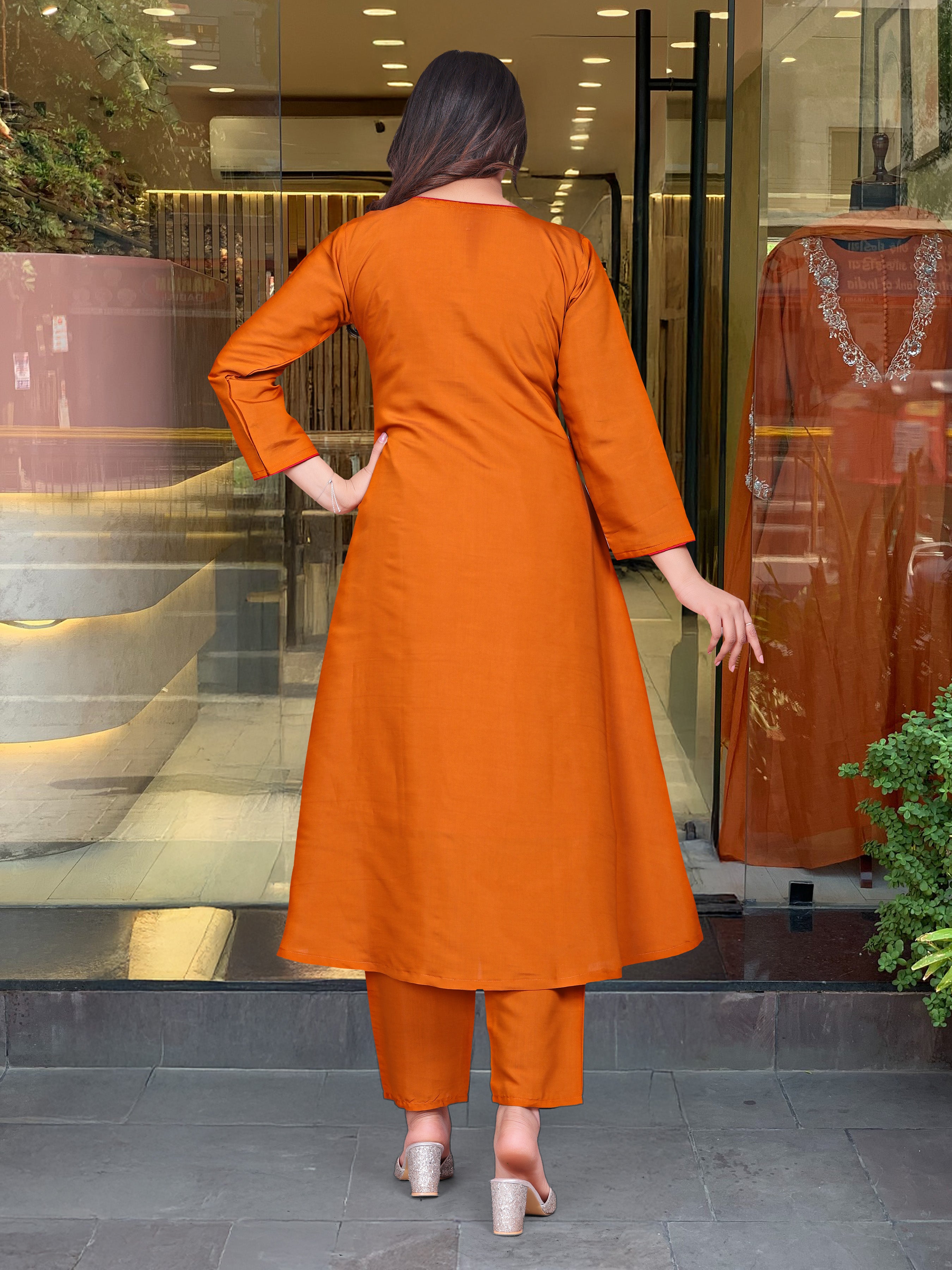 Vibrant Orange Crane Embroidered Kurta Set with Flared Silhouette