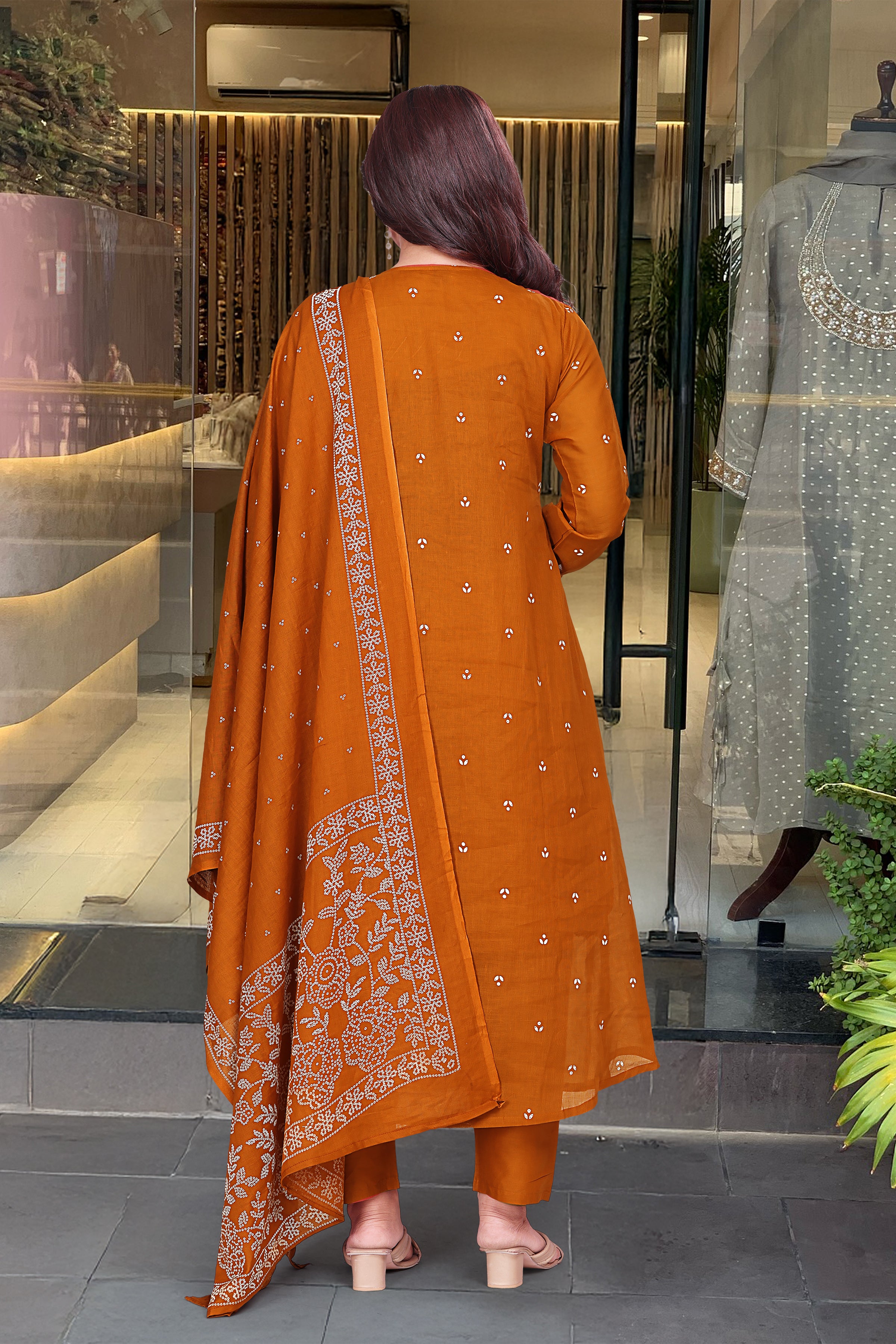 Rust Orange Cotton Salwar Suit with Gota Patti Work - Embroidered Kurta Dupatta Set