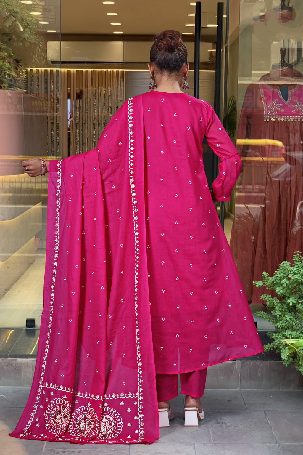 Magenta Pink Cotton Anarkali Suit with Mirror Work - Flared Kurta Dupatta Set