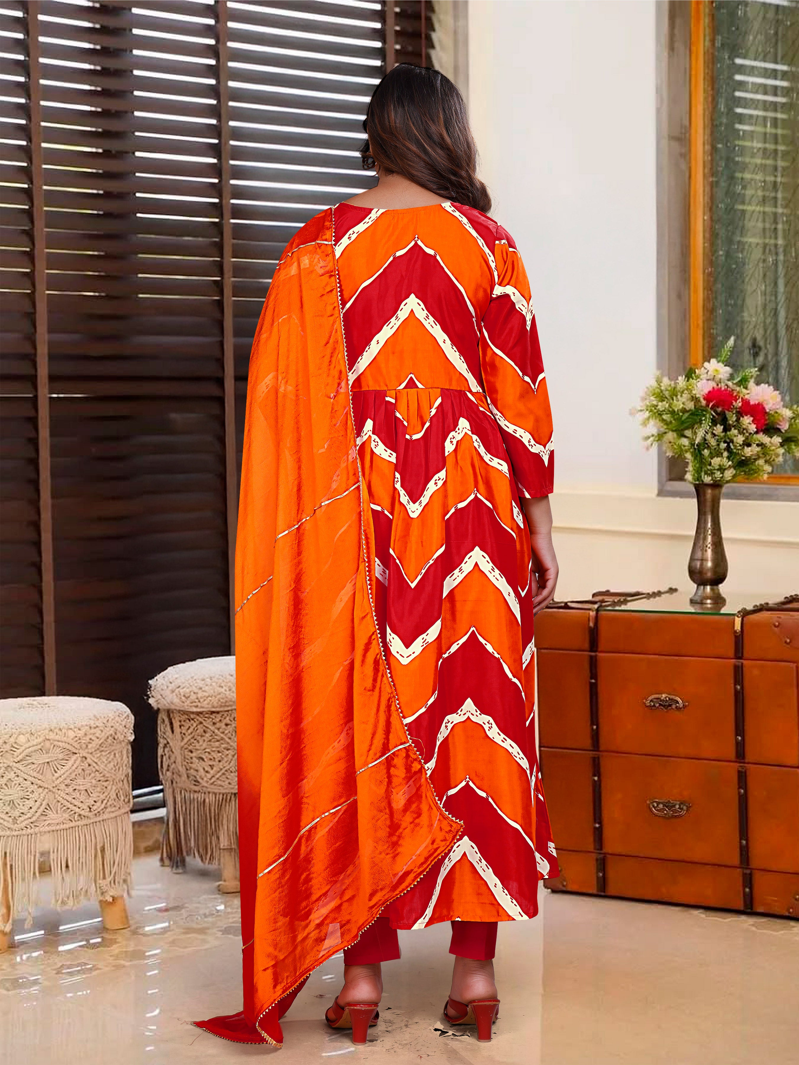 Leheriya Kurta Set - Muslin Anarkali with Chanderi Bottom & Chinnon Silk Dupatta