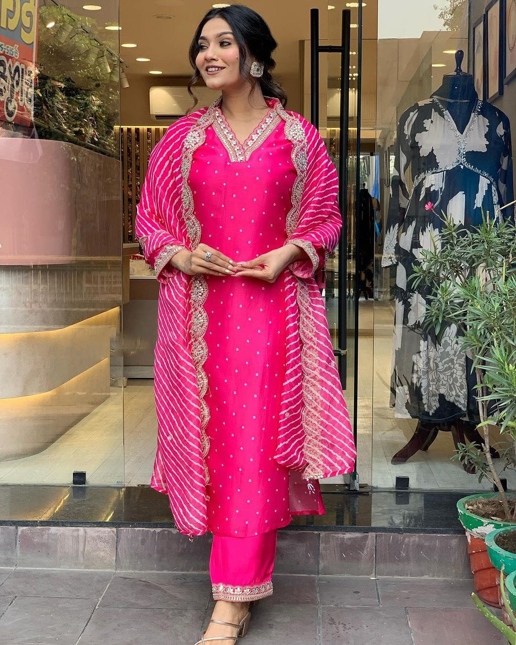 Traditional Pink Viscose Salwar Suit with Embroidered Muslin Dupatta
