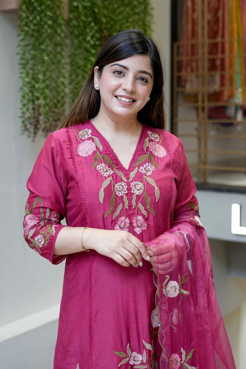 Magenta Rose Floral Embroidered Kurta Dupatta Set