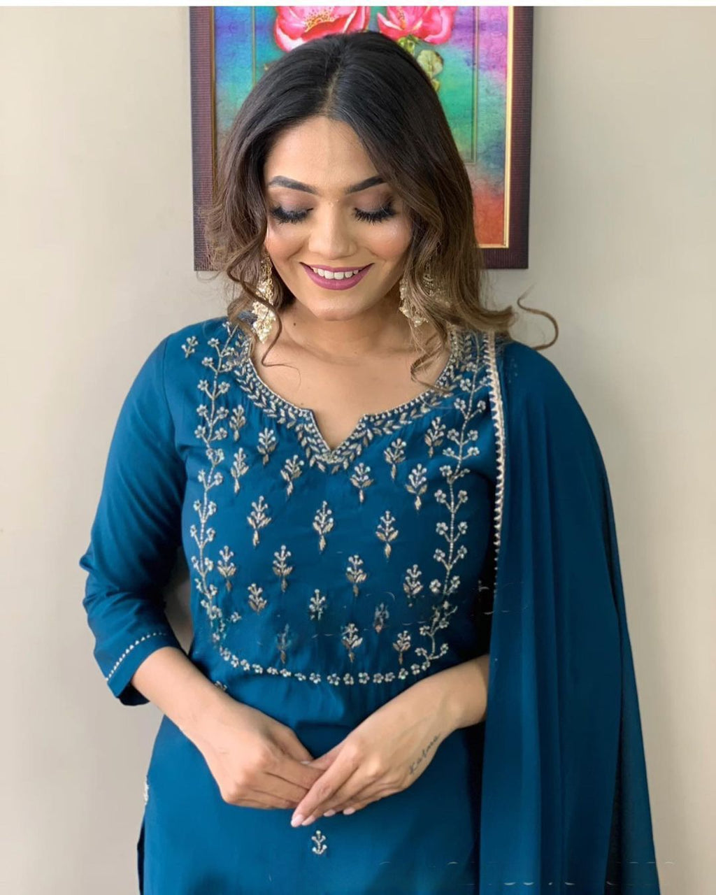 Teal Blue Rayon Salwar Suit with Dupatta - Embroidered Kurta Set