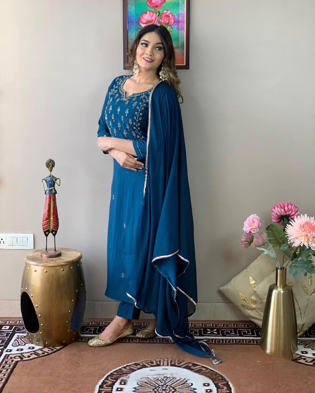 Teal Blue Rayon Salwar Suit with Dupatta - Embroidered Kurta Set