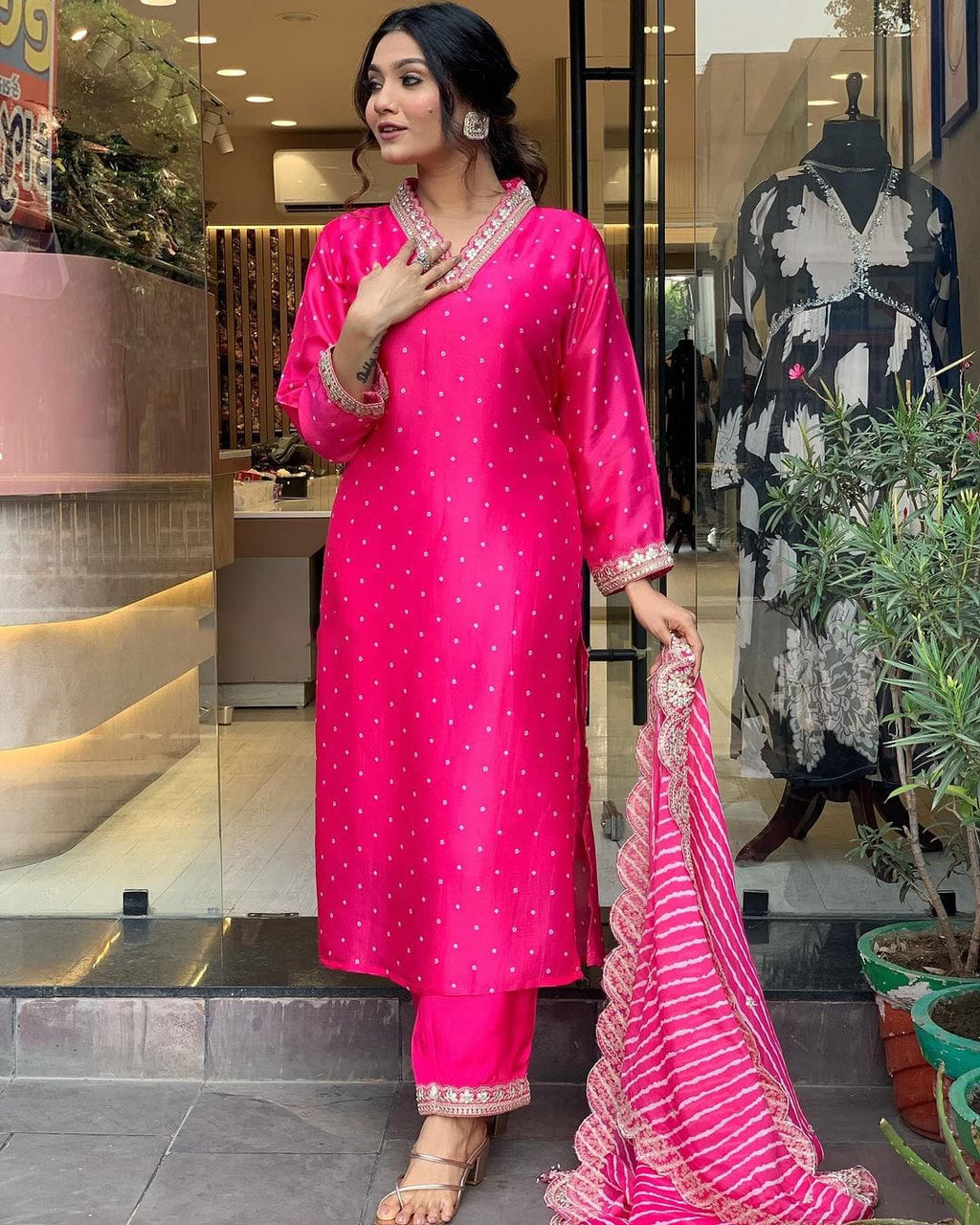 Traditional Pink Viscose Salwar Suit with Embroidered Muslin Dupatta