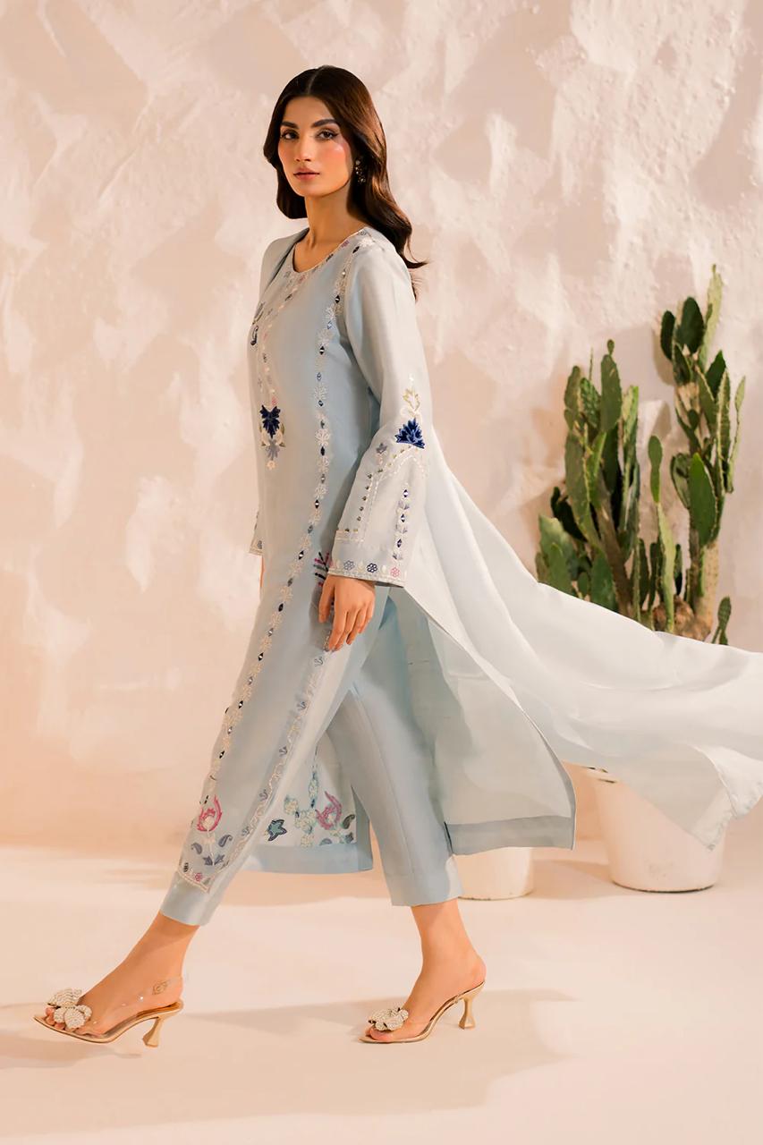 Sky Blue Embroidered Kurta Set with Dupatta