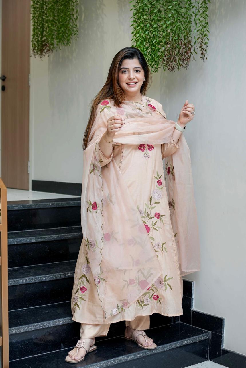 Peach Blossom Embroidered Kurta Dupatta Set