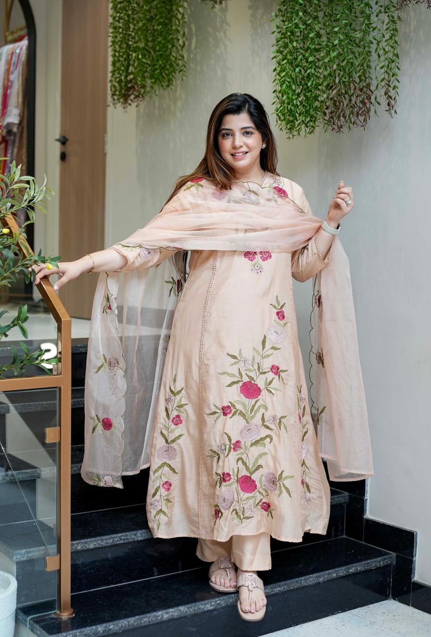 Peach Blossom Embroidered Kurta Dupatta Set