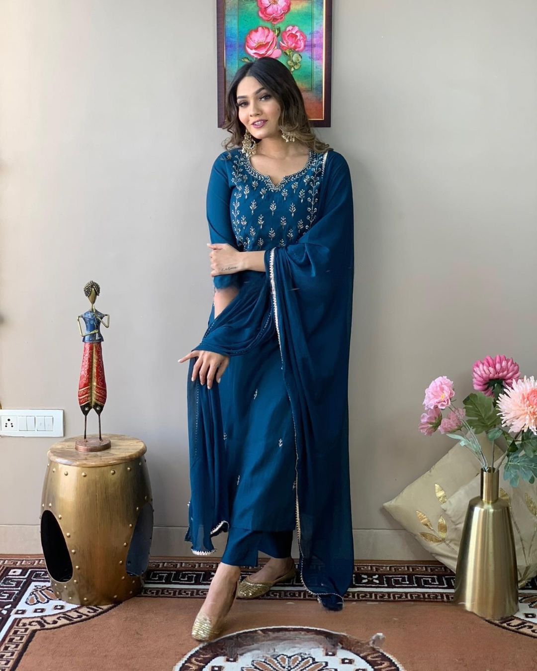 Teal Blue Rayon Salwar Suit with Dupatta - Embroidered Kurta Set