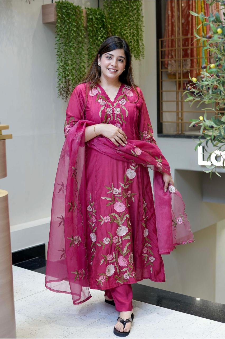 Magenta Rose Floral Embroidered Kurta Dupatta Set