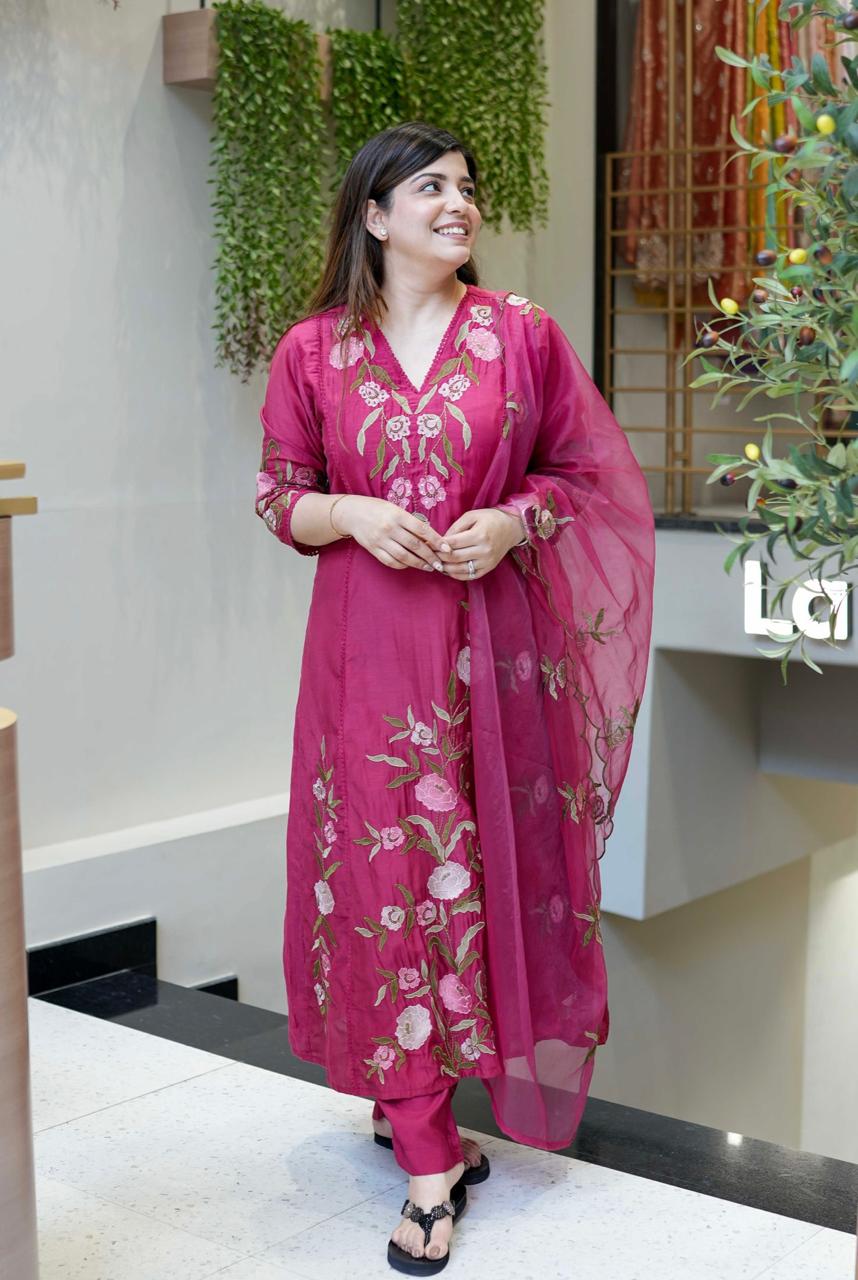 Magenta Rose Floral Embroidered Kurta Dupatta Set