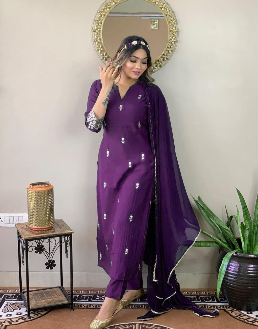 Elegant Purple Rayon Salwar Suit with Embroidered Chiffon Dupatta