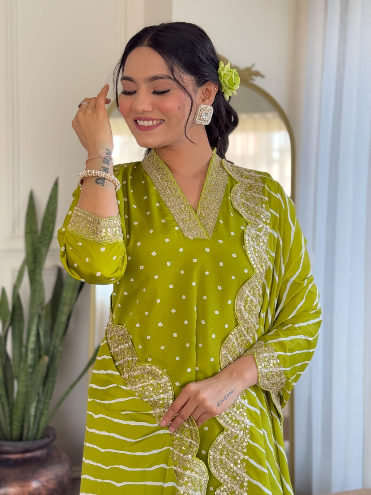 Traditional Viscose Suit Set with Embroidered Muslin Dupatta