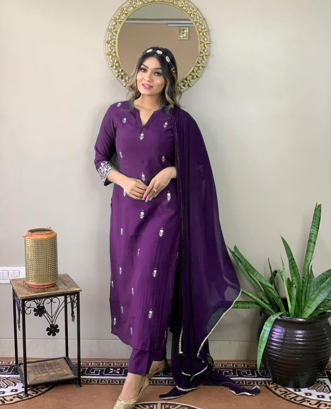 Elegant Purple Rayon Salwar Suit with Embroidered Chiffon Dupatta