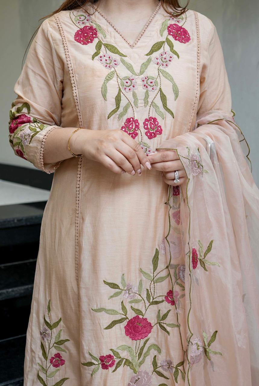 Peach Blossom Embroidered Kurta Dupatta Set