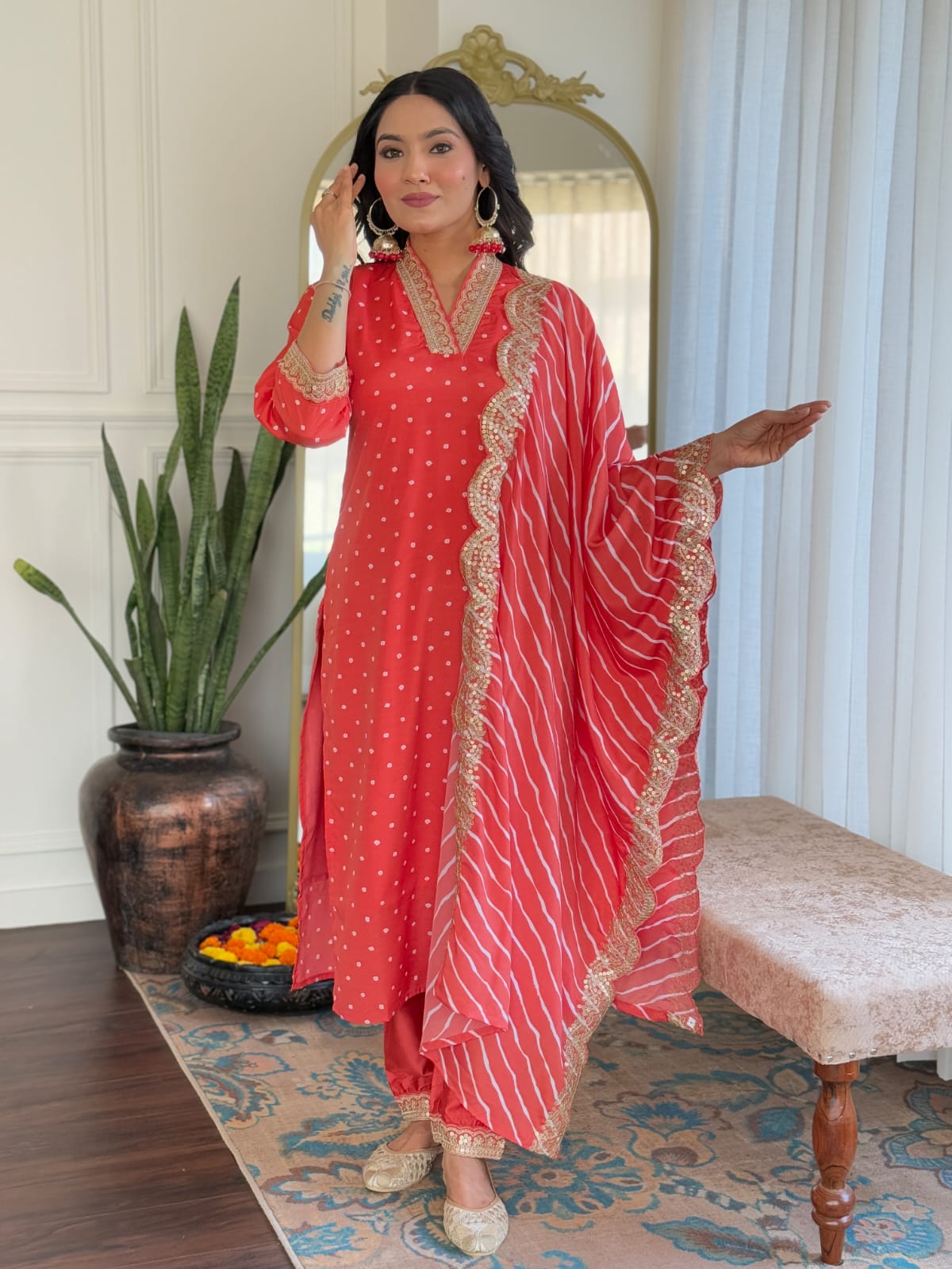 Traditional Viscose Suit Set with Embroidered Muslin Dupatta
