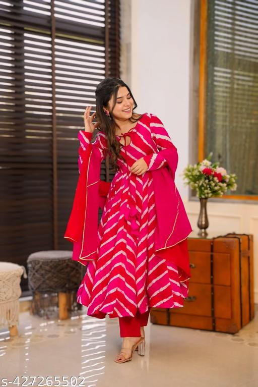 Leheriya Kurta Set - Muslin Anarkali with Chanderi Bottom & Chinnon Silk Dupatta